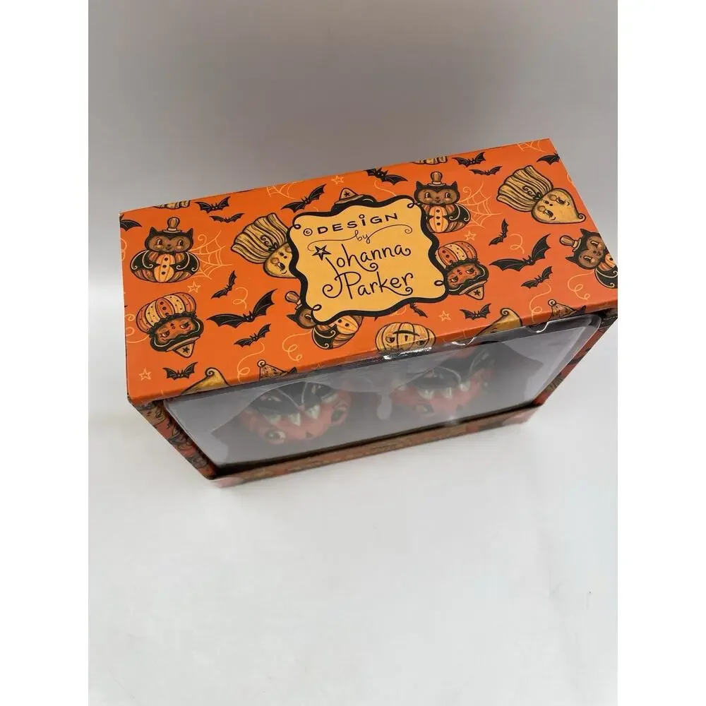 Johanna Parker Black Cats on Pumpkin Mr & Mrs Salt & Pepper Shaker Set NEW